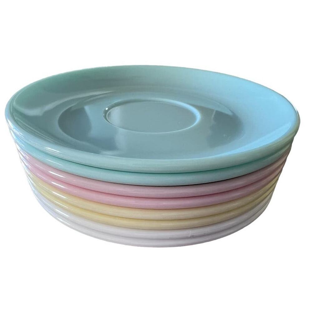 Vintage MCM Watertown Lifetime WARE Saucer Set 6 Blue Pink Yellow White Retro